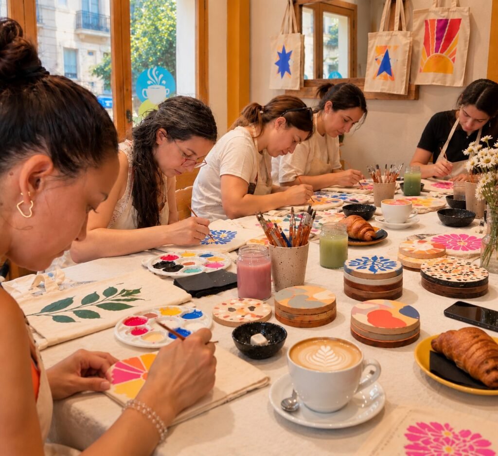 Manos manchadas de pintura sujetando un café con latte art