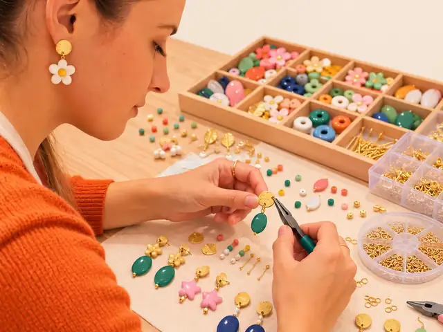 Participante montando pendientes con alicates en el taller de pendientes de Creative Coffee en Sevilla
