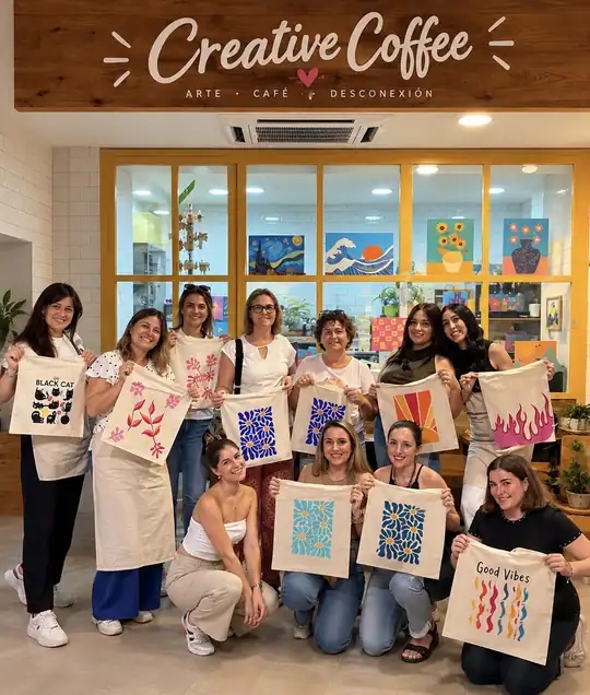 Grupo mostrando sus tote bags pintadas en un taller de Creative Coffee en Sevilla